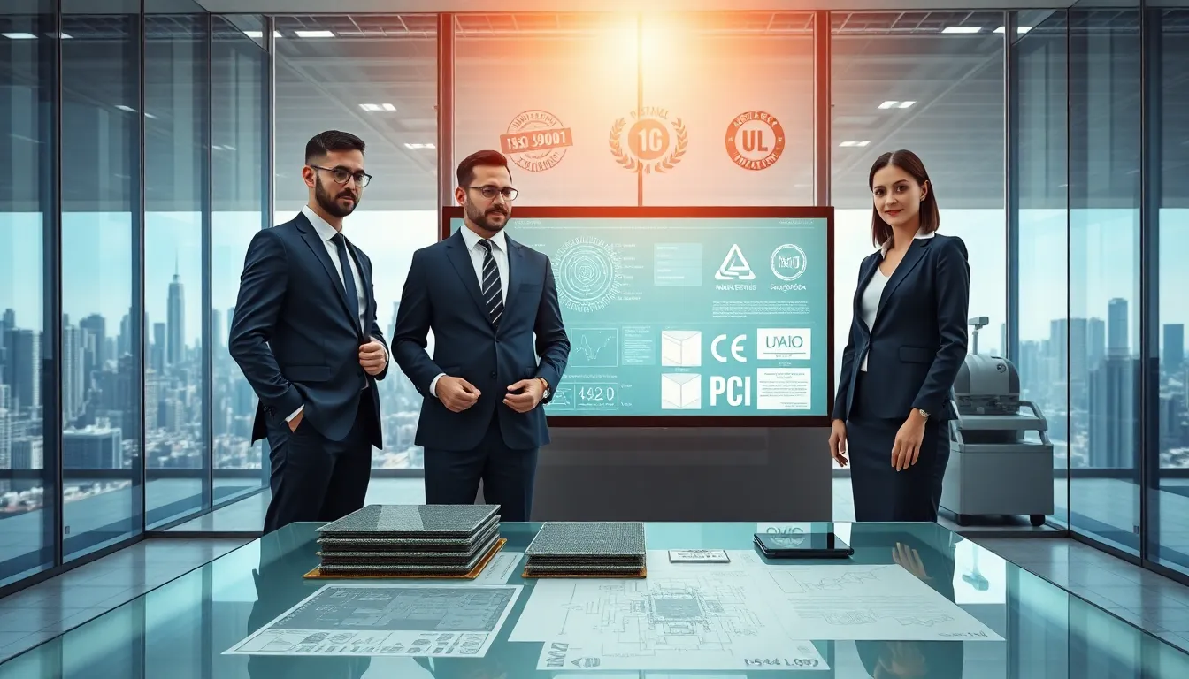 business professionals reviewing 12 layer pcbs in a modern office