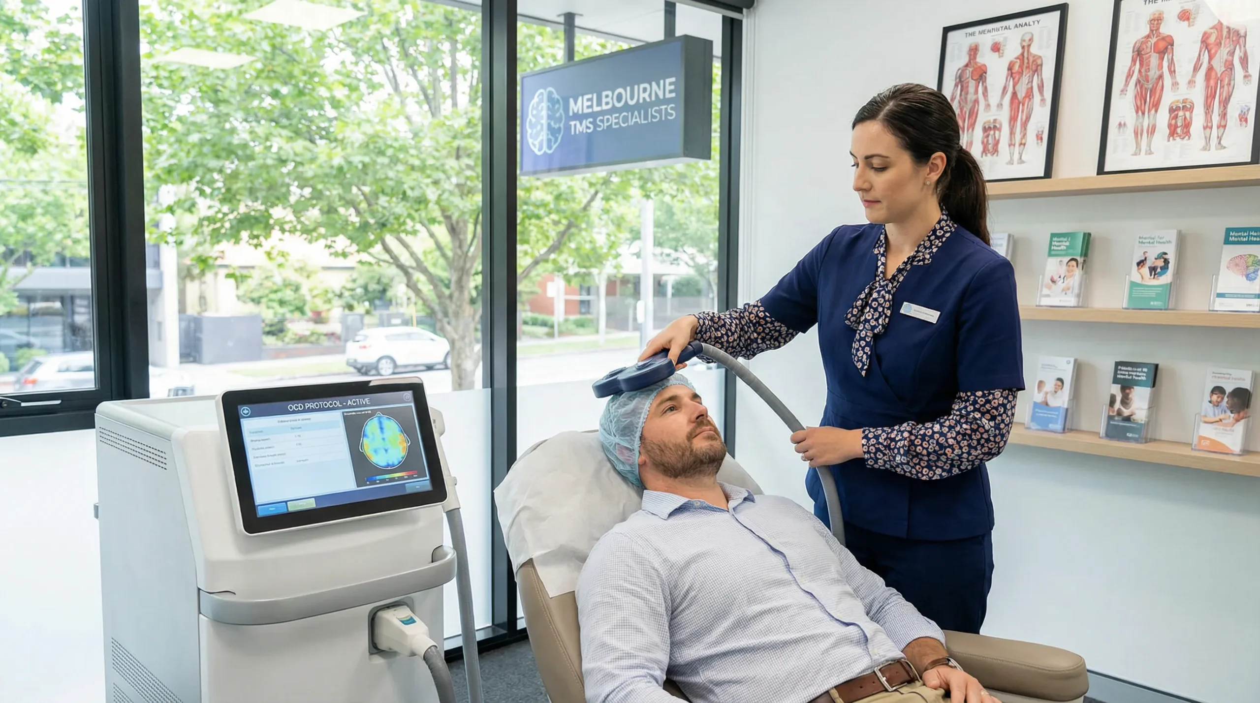 clinician using tms device on a patient in a modern australian clinic